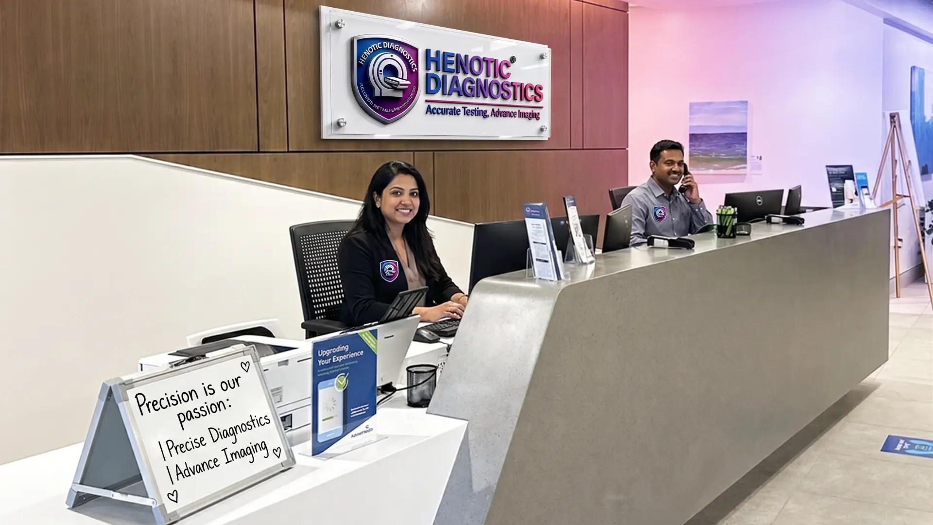 Henotic Diagnostics reception desk welcoming patient registration for TMT test
