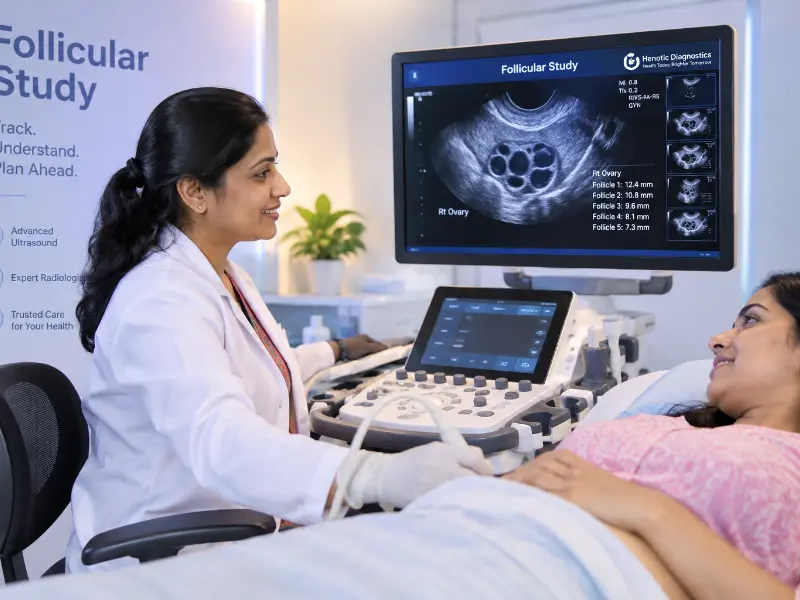 Professional Radiologist performing Follicular Study ultrasound scan at Henotic Diagnostics Kharghar