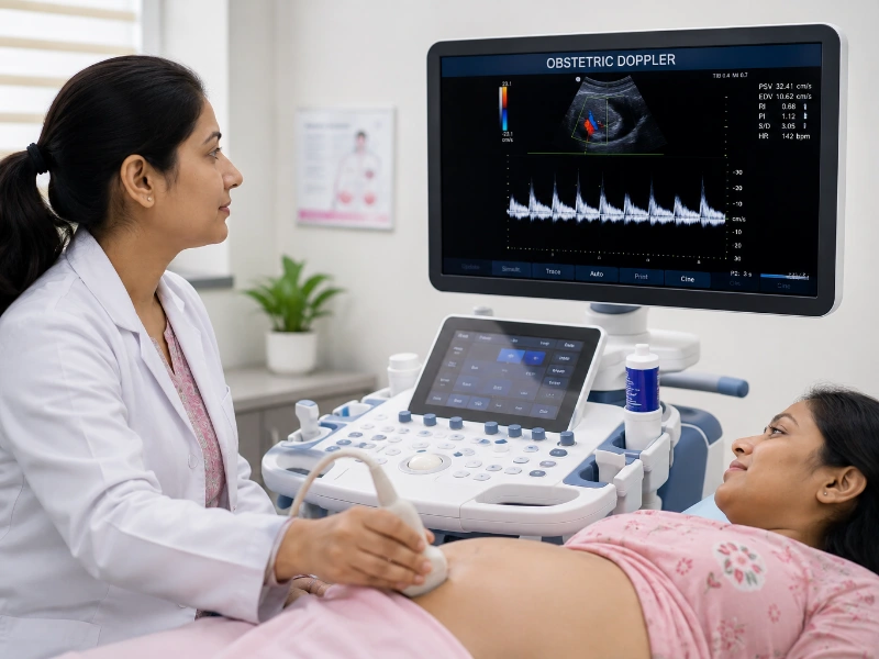 Professional Radiologist performing obstetric doppler ultrasound scan at Henotic Diagnostics Kharghar