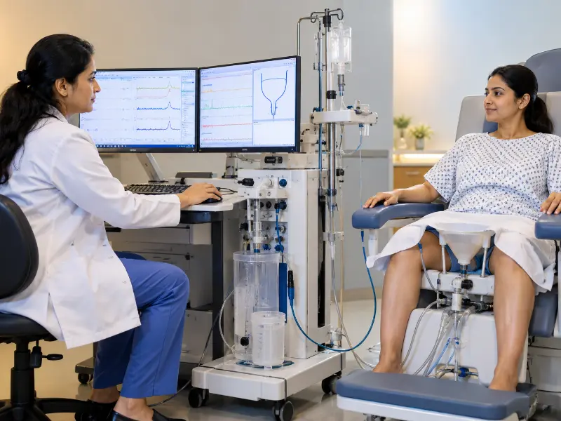 In addition, Urodynamic Study diagnostic display showing multichannel bladder pressure graphs
