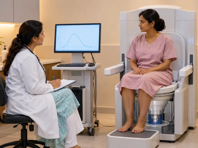 In addition, Uroflowmetry test diagnostic display showing peak flow Qmax graph