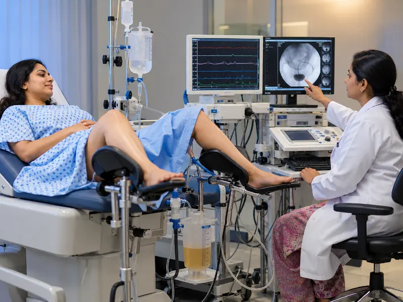 In addition, Video Urodynamic Study diagnostic display showing fluoroscopic images and pressure graphs