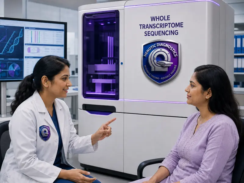 Senior clinical geneticist and oncologist reviewing Whole Transcriptome Sequencing expression report