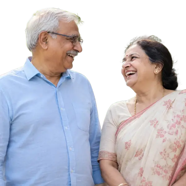 Elderly couple smiling together in outdoor setting